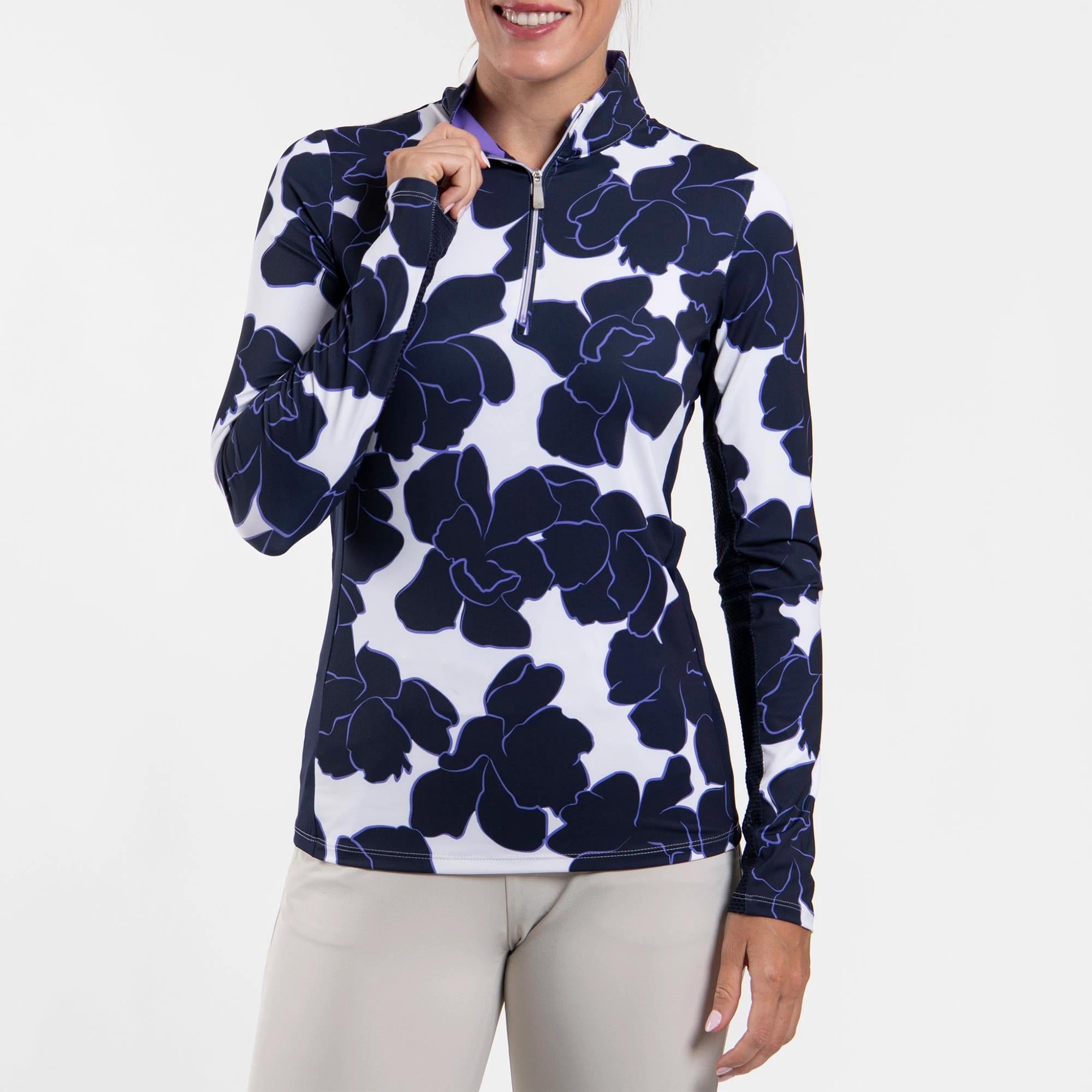 KJUS Sunshine Printed Half Zip Ladies Golf Mid Layer White/Atlanta Blue
